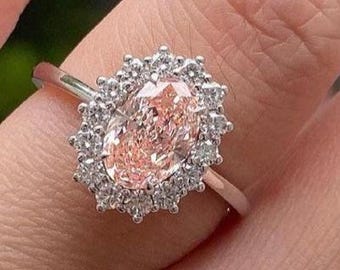 Fancy Vivid Pink Oval Cut Lab Grow Diamond Ring, Pink Oval Cut Floral Halo Diamond Ring, Engagement Ring, Round Vintage Cluster Halo Ring