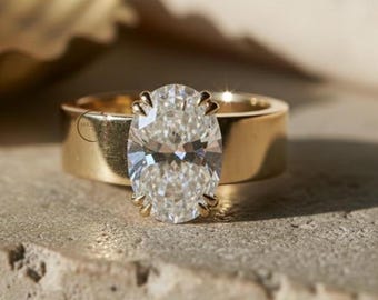 3CT IGI Certified Solitaire Oval Cut Lab Grown Diamond Ring Engagement Ring Solitaire Double Prong Wide Band 14K Gold Width Thick Cigar Band