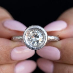 Old European Cut Lab grown Diamond Ring, Hammered Satin Rustic Bezel Set Ring, Solitaire Vintage OEC Diamond Textured Rustic Minimalist Ring
