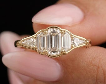 Five Stone Emerald Cut Lab Grown Ring, Kite Shape Multi Stone Cluster Diamond Ring, Engagement Dutch Marquise Cut Low Profile Step Ring