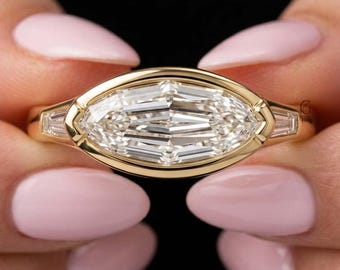 Anello a tre pietre personalizzato con diamanti creati in laboratorio, taglio Step Moval, anello di fidanzamento con incastonatura a castone da est a ovest, anello orizzontale Step Moval con taglio baguette
