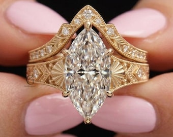 Art Deco Marquise Cut Lab Grown Diamond Bridal Set, Vintage Sunburst Fan Filigree Engagement Ring, Pointed Chevron Milgrain Wedding Band
