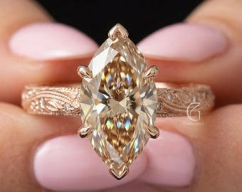 ブラウンマーキーズカット婚約指輪、ヴィンテージ彫刻バンド、ソリティアマーキーズ隠しハローリング、アールデコ自然モチーフミルグレインリング