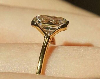 Emerald Cut Lab Grown Diamond Engagement Ring, Emerald Cut Half Bezel Set Ring, Solitaire 2CT IGI Certified Emerald Cut 14k Solid Gold Ring