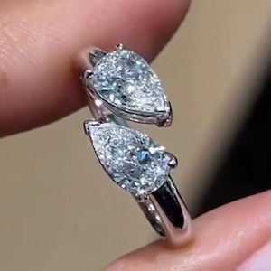 Bypass Pear Cut Lab Grown Diamond Ring, Two Stone Swirl Bypass Ring, Open Cuff Toi et Moi Ring, Engagement Ring, 14K Gold Open Bypass Ring