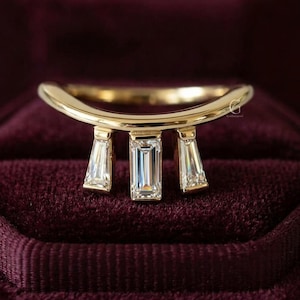 Three Stone Lab Grown Diamond Ring, Baguette Drop Curved Eternity Band, Three Stone Minimalist Matching Band, 14kGold Stacking Wedding Band