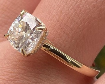 Cushion Cut Lab Grown Diamond Ring, 2CT F/VS1 IGI Certified Cushion Cut Hidden Halo Engagement Ring, Cathedral Setting Ring, 14K Gold Ring