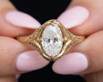 Anillo solitario de diamante ovalado cultivado en laboratorio, anillo de compromiso, anillo vintage de filigrana antigua, anillo con engaste de garra de brújula, anillo de oro amarillo de 14 quilates