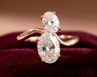 Two Stone Pear Lab Grown Diamond Ring, Toi et Moi Ring, Oval Cut Engagement Ring, Wave Style Double Stone 14K Gold Ring