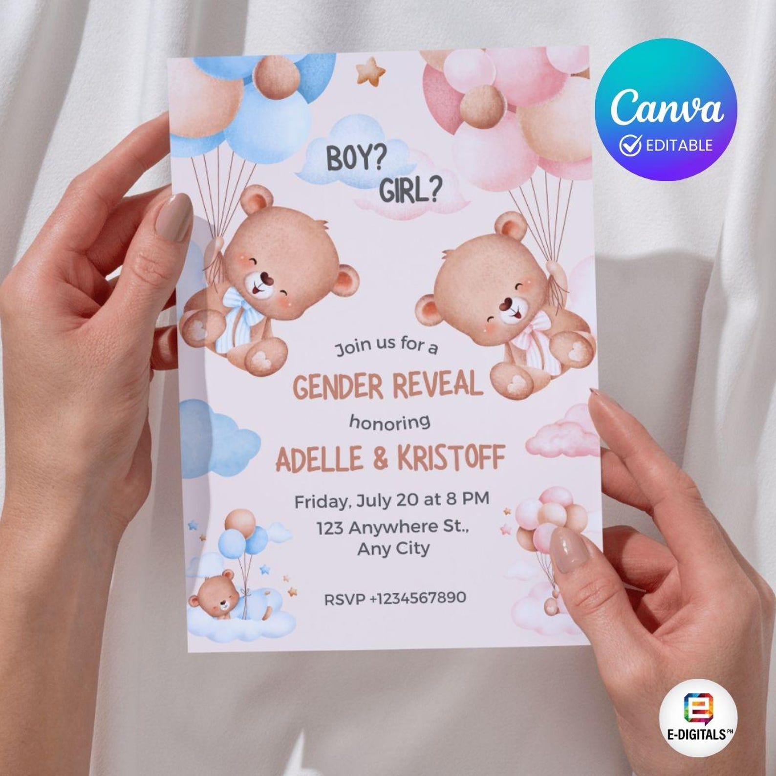 Printable Invi Editable Gender Reveal Invitation, Digital Print, Gender Reveal Invi ...