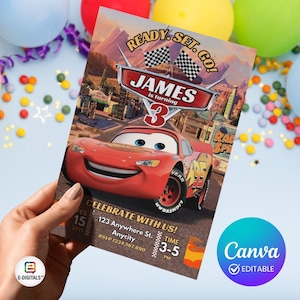 Editable Cars Birthday Invitation | Lightning McQueen Theme | Printable Canva Template | Personalized 1st Birthday Invite