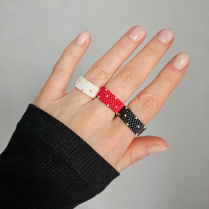 Miyuki Polka Dot Beaded Ring, Red White Black Gold, Stackable Seed Bead Band