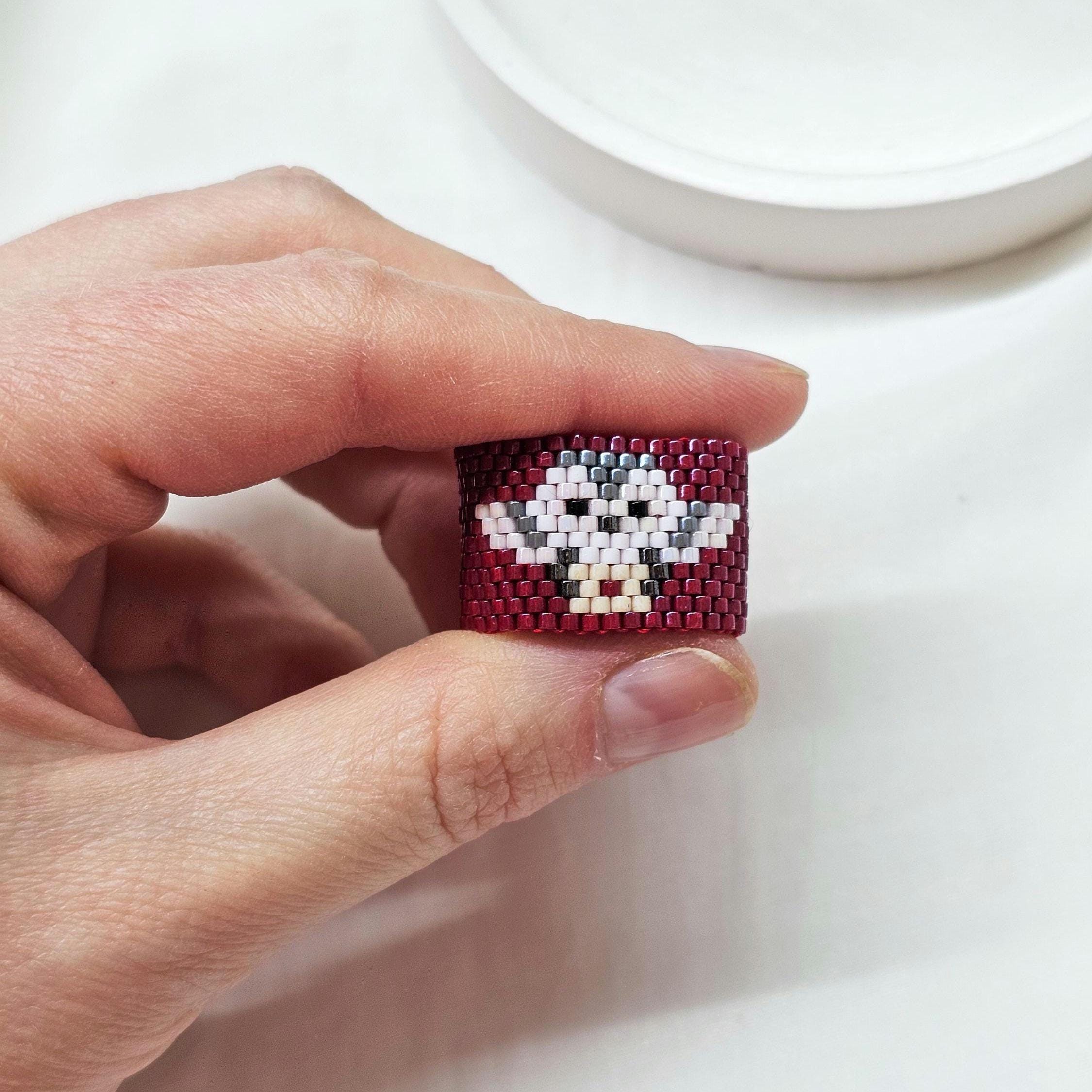 Handwoven Miyuki Seed Bead Hedwig Owl Ring, Burgundy White, Wide Band (11mm)
