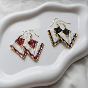Hand-Woven Japanese Seed Bead Rhombus Earrings, Geometric Diamond Drop Hooks