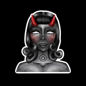 May include: A black and white illustration of a woman with red horns, black hair, and a pentagram necklace. She has a neutral expression on her face.