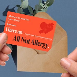 All nut allergy medical alert card, severe food allergy ID, anaphylaxis emergency tag, tree nut & peanut allergy card, food intolerance ID