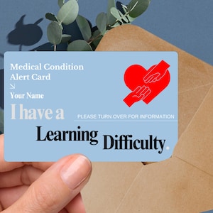 Carte d'alerte médicale pour difficultés d'apprentissage, carte d'identité pour déficience cognitive, plaque pour troubles neurodéveloppementaux, carte pour troubles du traitement, carte pour besoins spéciaux