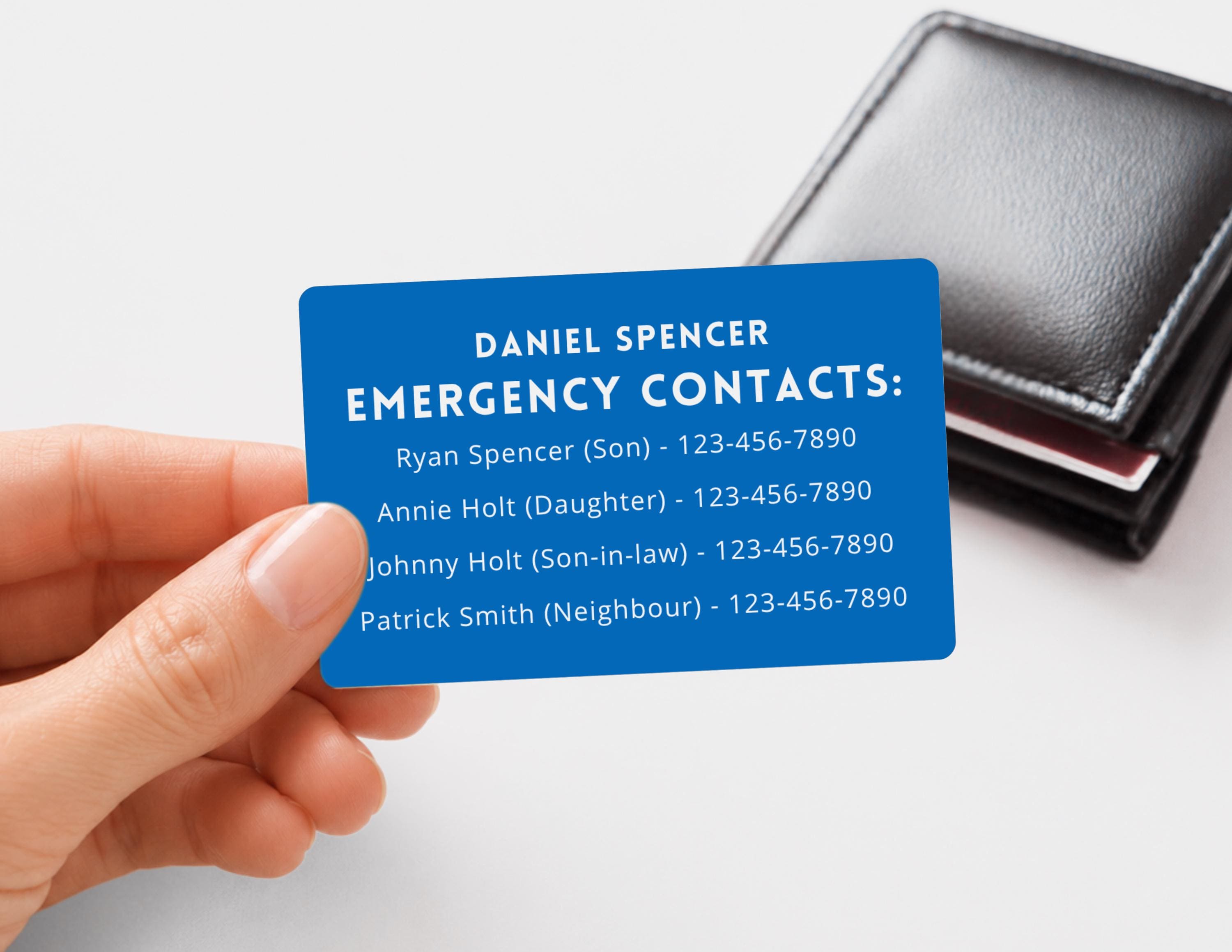 Engraved Aluminum Emergency Contact Card: Medical ID Wallet Insert
