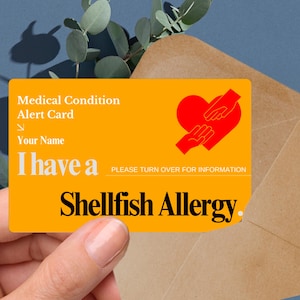 Shellfish allergy medical alert card, custom seafood allergy ID, anaphylaxis emergency tag, crustacean allergy warning, food intolerance ID
