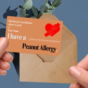Peanut allergy medical alert card, customised severe nut allergy ID, anaphylaxis emergency tag, food allergy warning card EpiPen required ID