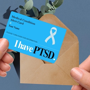 PTSD medical alert card, personalized post traumatic stress disorder ID mental health emergency tag trauma disorder card anxiety condition