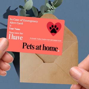 Pets at home alert card, personalised emergency rescue pet ID, wallet card for pet owners, custom contact card, animal emergency info ID tag