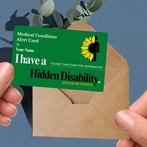 Hidden Disability sunflower medical alert card, invisible illness ID, discreet health wallet card, personalised emergency contact condition