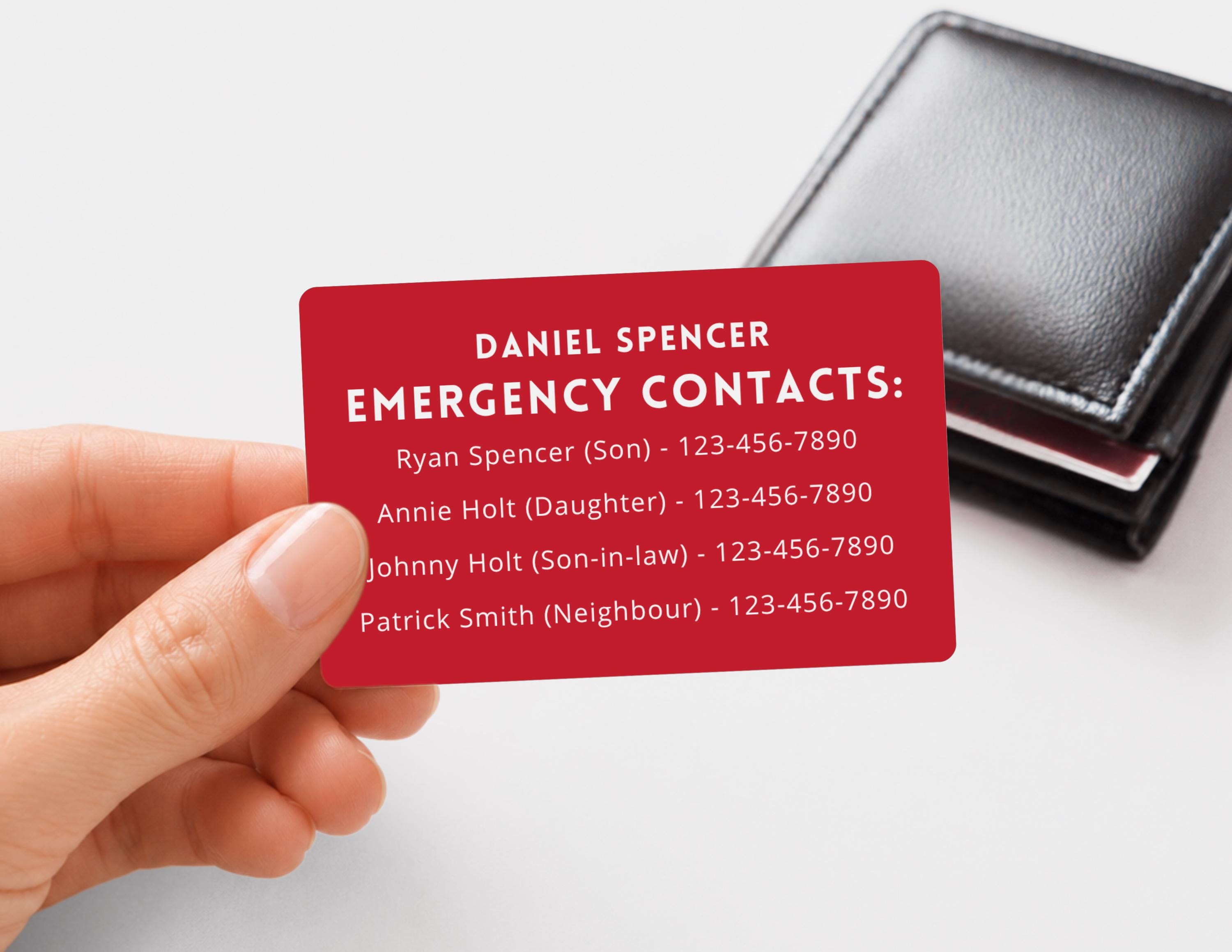Engraved Aluminum Emergency Contact Card: Wallet ICE ID, Medical