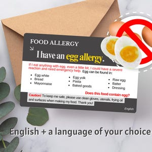 Egg allergy food alert card, food allergy ID for travel & restaurant, anaphylaxis warning tag, egg intolerance card, EpiPen required alert