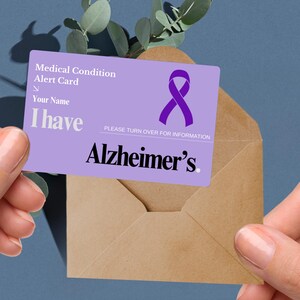Carte d'alerte médicale Alzheimer, carte d'identité d'urgence personnalisée en cas de démence, étiquette de perte de mémoire, carte de trouble cognitif carte d'identité de sécurité pour personnes âgées