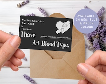 Personalized A+ Blood Type Medical Alert Card, Emergency Contact