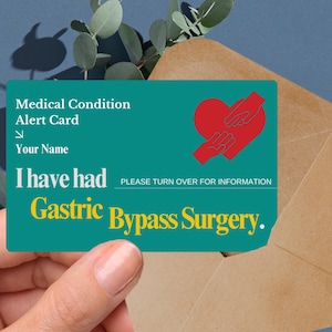Gastric bypass surgery medical alert card, bariatric surgery ID, weight loss procedure tag, stomach pouch reduction card digestive health ID