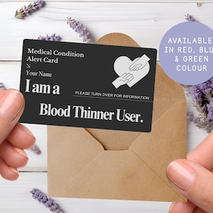 Blood Thinner medical alert card, anticoagulant medication ID, bleeding risk warning med wallet card, personalised emergency health info tag