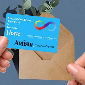 Carte d'alerte médicale non verbale pour l'autisme, carte d'identité d'urgence personnalisée pour les TSA, plaquette pour troubles de la parole, carte d'aide à la communication, carte d'identité pour le traitement sensoriel