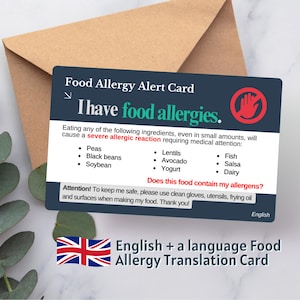 Carte personnalisée sur les allergies alimentaires, carte de traduction personnalisée, allergènes personnalisés et 50 langues au choix pour la sécurité des voyages et du restaurant