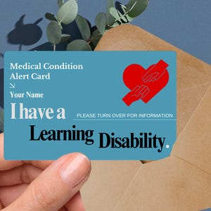 Carte d'alerte médicale pour troubles d'apprentissage, carte d'identité pour déficience cognitive, plaque pour troubles neurodéveloppementaux, carte pour troubles du traitement, carte d'identité pour besoins spéciaux