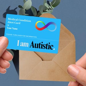 Carte d'alerte médicale autistique, carte d'identité personnalisée pour troubles du spectre autistique, étiquette d'urgence TSA, carte de communication non verbale, carte d'identité pour troubles sensoriels