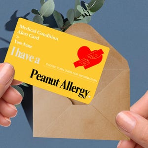 Peanut allergy medical alert card, personalised nut allergy emergency ID, anaphylaxis warning tag, food allergy safety card, allergen alert