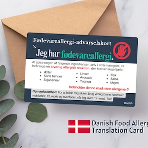Danish language customized food allergy card, bilingual personalized allergy id for peanuts, dairy, soy, egg, gluten, dining & travel safety
