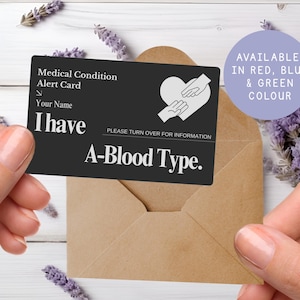 A- blood type medical alert card, negative blood group ID, emergency transfusion info tag, personalised donor wallet card, custom health ID