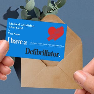 Defibrillator medical alert card, implanted device ID, heart condition tag, ICD warning card, cardiac emergency alert arrhythmia disorder ID