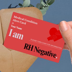 RH negative blood type medical alert card, custom rare blood type ID, emergency donor tag, transfusion alert card blood group identification
