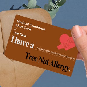 Tree nut allergy medical alert card, customized severe allergy ID, anaphylaxis emergency tag, nut allergy warning card, food intolerance ID