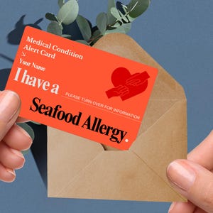 Seafood allergy medical alert card, personalized shellfish allergy ID, anaphylaxis emergency tag, fish allergy warning, food intolerance ID
