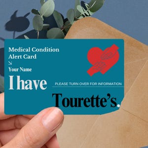 Carte d'alerte médicale pour le syndrome de Gilles de la Tourette, carte d'identité personnalisée pour les troubles neurologiques, carte d'identité pour la sensibilisation aux tics moteurs et vocaux