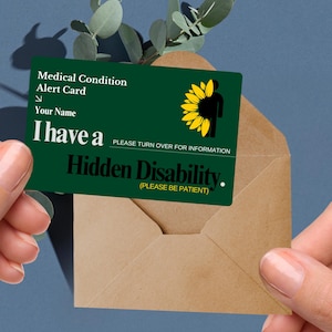 Hidden disability alert card, invisible illness ID, custom emergency contact card, support needs tag, discreet medical condition wallet card