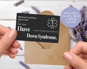 Down syndrome medical alert card, trisomy 21 ID, personalised disability wallet emergency tag