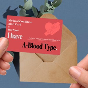 A Positive Blood Type Medical ID Card for In Case Of Emergency, A+ Blood Group info, A- Blood Type ID, Type A Alert, A Blood Identification