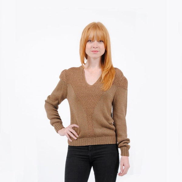 Knit Purl Sweater . Puff Sleeve Sweater . 80s Taupe Jumper