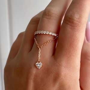Silver Ring With Chain Hanging, Connected Ring With Chain, Sparkle Chain Ring, Dangle Chain Statement Ring, Knuckle Ring Finger Ring
